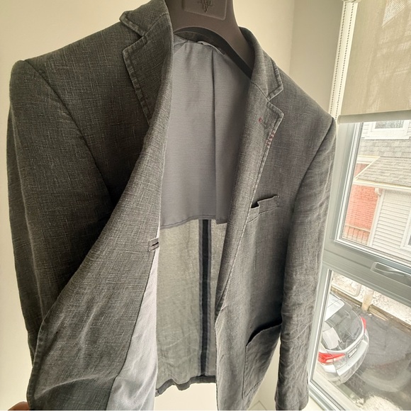 L’Habit 38R Gray 100% Linen Sport Coat Blazer Double Vent Red Contrast Stitching - Picture 5 of 12